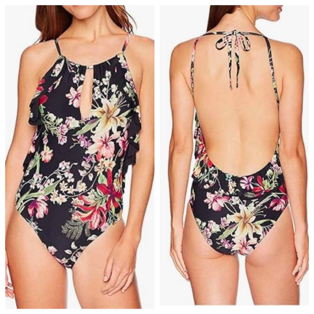Carmen Marc Valvo Swimsuit Ruffle Black Floral Tie Halter One Piece New size 14